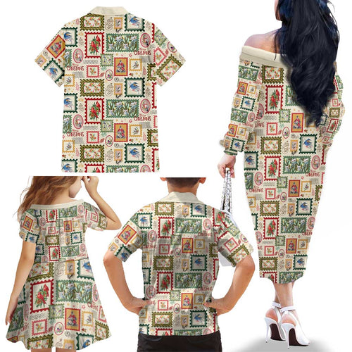 Aussie Birds Christmas La La Land Family Matching Off The Shoulder Long Sleeve Dress and Hawaiian Shirt Beige Vintage Stamp Edition - Aussie Hoodie