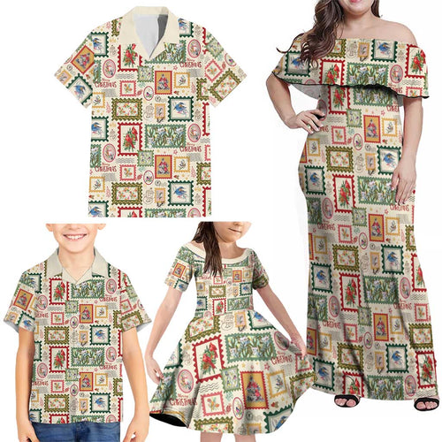 Aussie Birds Christmas La La Land Family Matching Off Shoulder Maxi Dress and Hawaiian Shirt Beige Vintage Stamp Edition - Aussie Hoodie