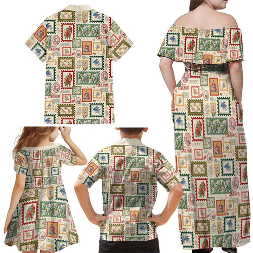 Aussie Birds Christmas La La Land Family Matching Off Shoulder Maxi Dress and Hawaiian Shirt Beige Vintage Stamp Edition - Aussie Hoodie