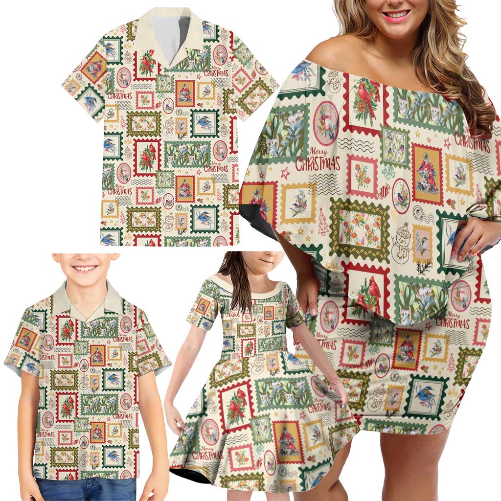 Aussie Birds Christmas La La Land Family Matching Off Shoulder Short Dress and Hawaiian Shirt Beige Vintage Stamp Edition - Aussie Hoodie