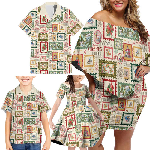Aussie Birds Christmas La La Land Family Matching Off Shoulder Short Dress and Hawaiian Shirt Beige Vintage Stamp Edition - Aussie Hoodie