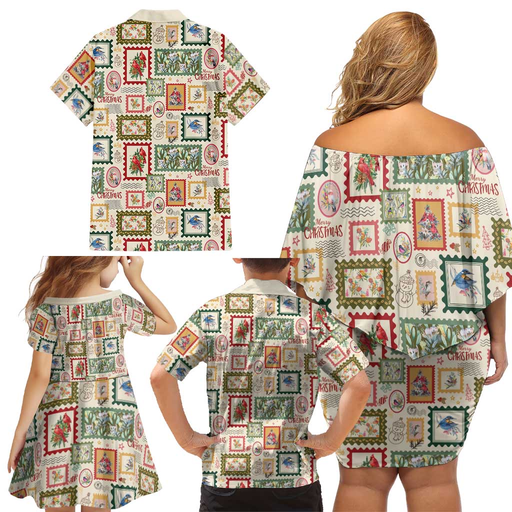 Aussie Birds Christmas La La Land Family Matching Off Shoulder Short Dress and Hawaiian Shirt Beige Vintage Stamp Edition - Aussie Hoodie