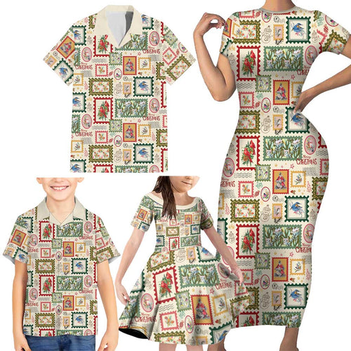 Aussie Birds Christmas La La Land Family Matching Short Sleeve Bodycon Dress and Hawaiian Shirt Beige Vintage Stamp Edition - Aussie Hoodie