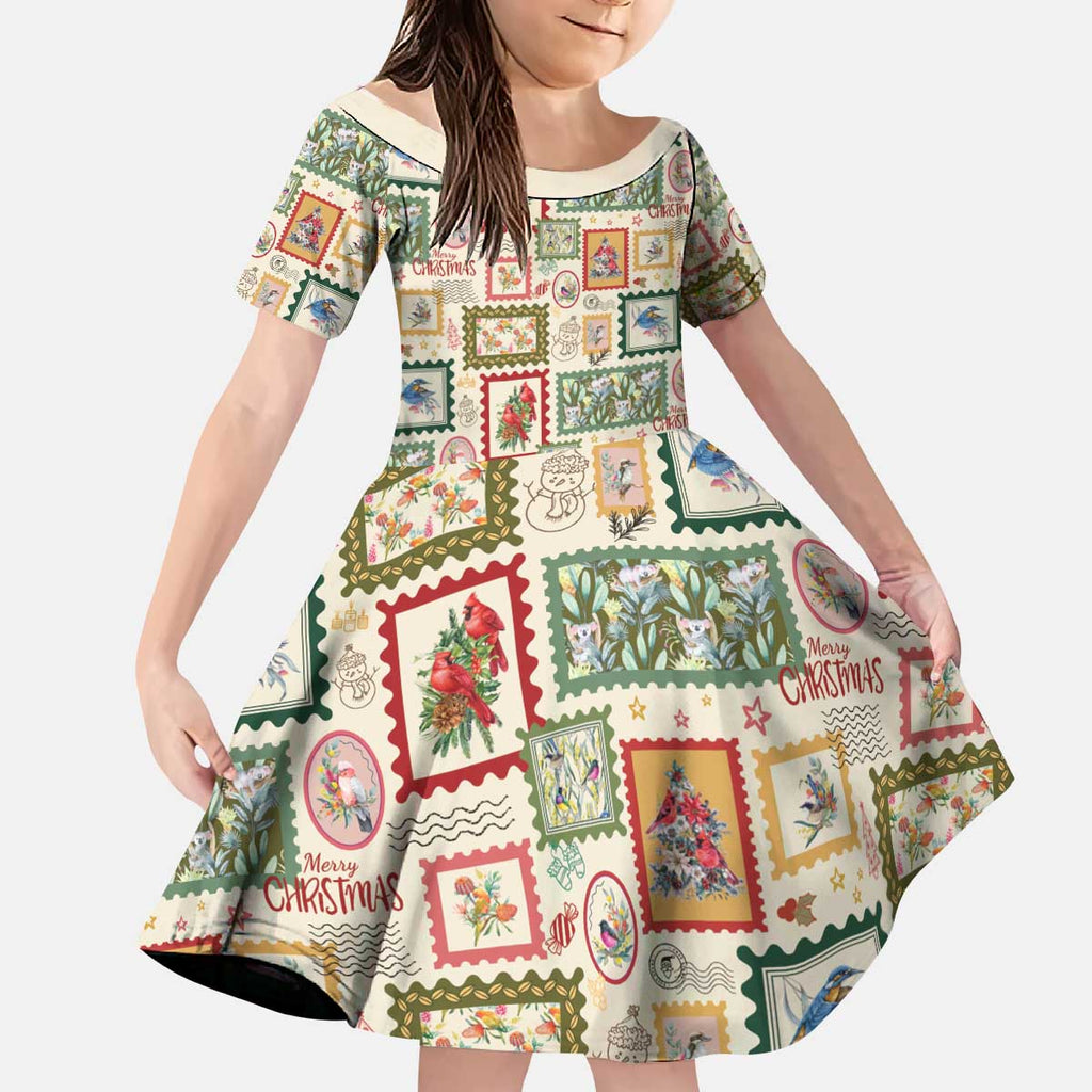 Aussie Birds Christmas La La Land Kid Short Sleeve Dress Beige Vintage Stamp Edition - Aussie Hoodie