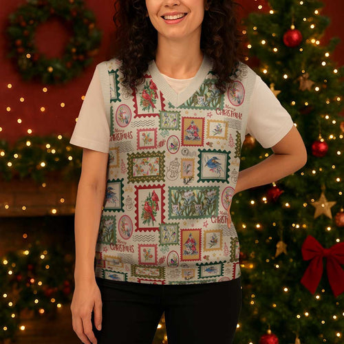 Aussie Birds Christmas La La Land Christmas Knitted V-Neck Vest Beige Vintage Stamp Edition - Aussie Hoodie