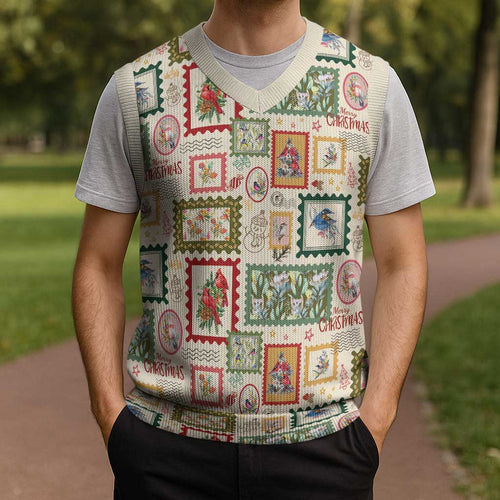 Aussie Birds Christmas La La Land Christmas Knitted V-Neck Vest Beige Vintage Stamp Edition - Aussie Hoodie