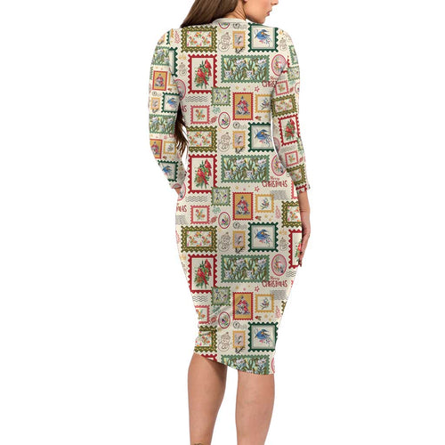 Aussie Birds Christmas La La Land Long Sleeve Bodycon Dress Beige Vintage Stamp Edition - Aussie Hoodie