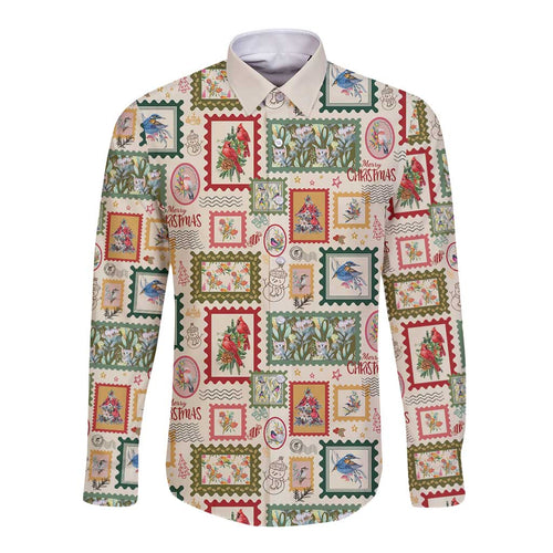 Aussie Birds Christmas La La Land Long Sleeve Button Shirt Beige Vintage Stamp Edition - Aussie Hoodie