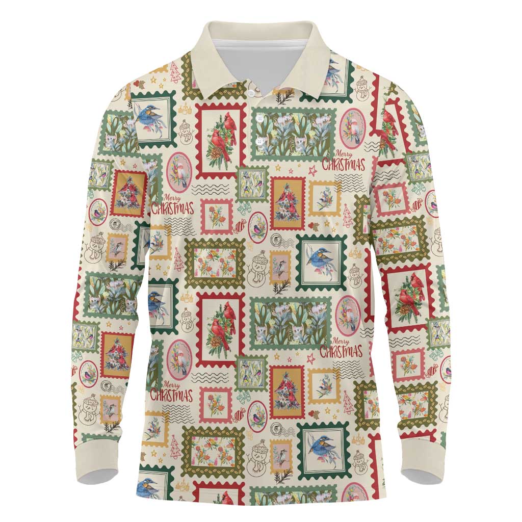 Aussie Birds Christmas La La Land Long Sleeve Polo Shirt Beige Vintage Stamp Edition - Aussie Hoodie
