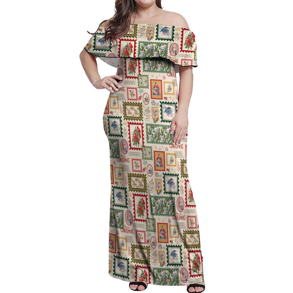 Aussie Birds Christmas La La Land Off Shoulder Maxi Dress Beige Vintage Stamp Edition - Aussie Hoodie