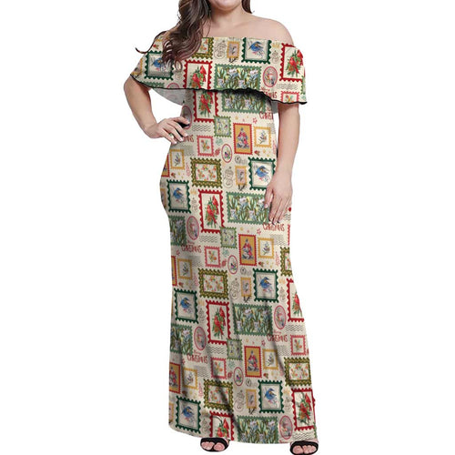 Aussie Birds Christmas La La Land Off Shoulder Maxi Dress Beige Vintage Stamp Edition - Aussie Hoodie