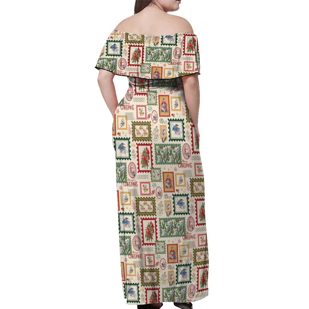 Aussie Birds Christmas La La Land Off Shoulder Maxi Dress Beige Vintage Stamp Edition - Aussie Hoodie