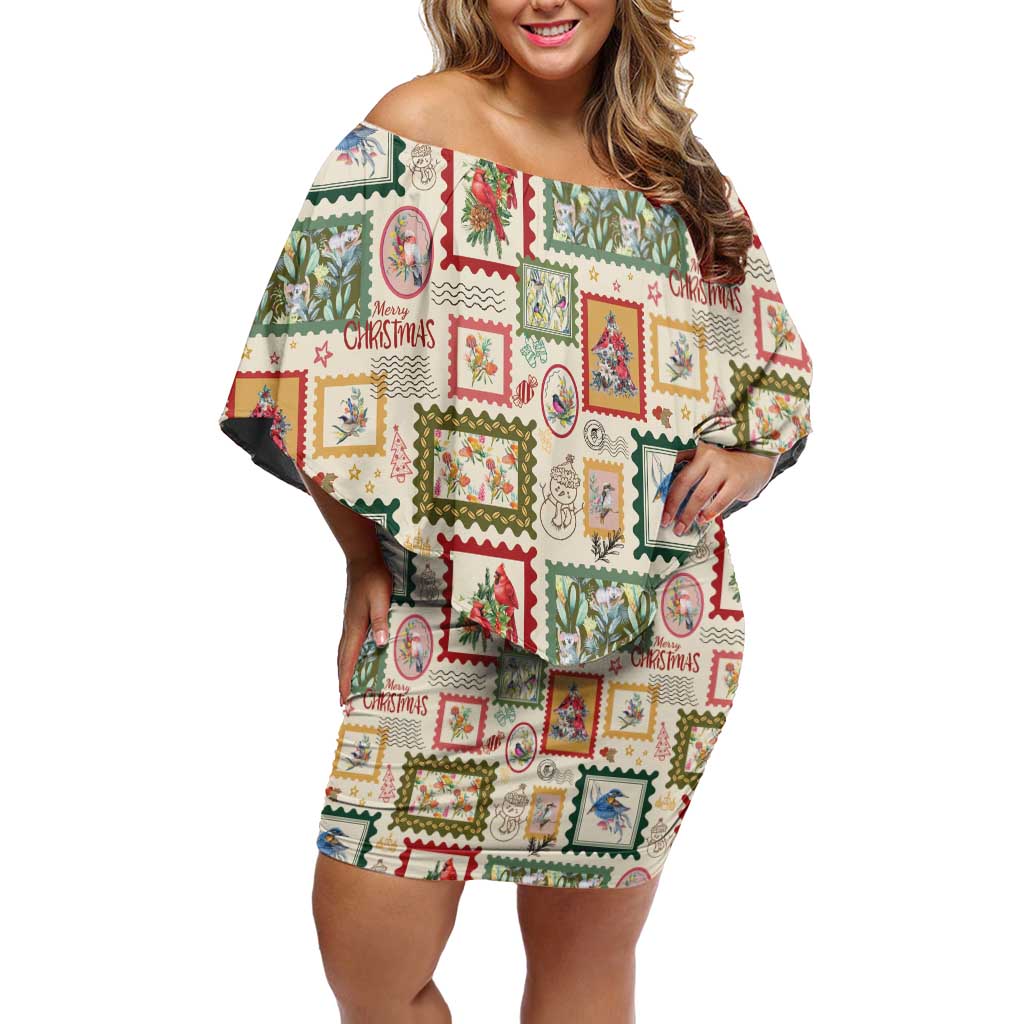 Aussie Birds Christmas La La Land Off Shoulder Short Dress Beige Vintage Stamp Edition - Aussie Hoodie