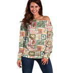 Aussie Birds Christmas La La Land Off Shoulder Sweater Beige Vintage Stamp Edition - Aussie Hoodie
