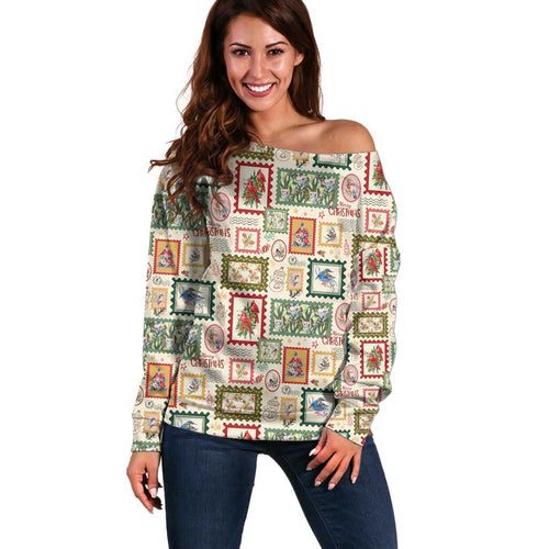 Aussie Birds Christmas La La Land Off Shoulder Sweater Beige Vintage Stamp Edition - Aussie Hoodie