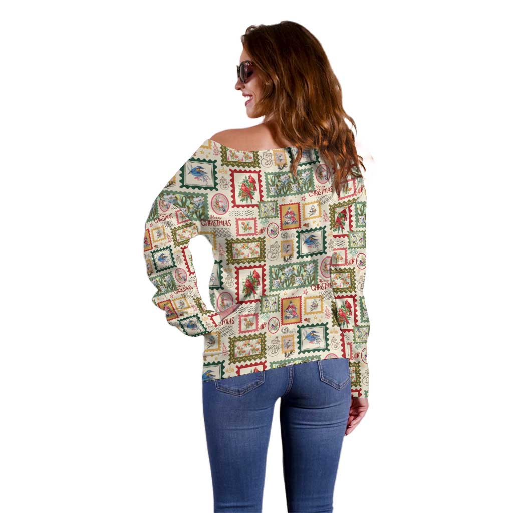 Aussie Birds Christmas La La Land Off Shoulder Sweater Beige Vintage Stamp Edition - Aussie Hoodie