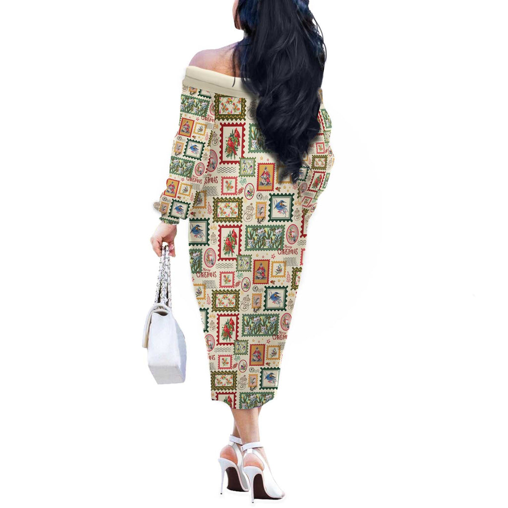 Aussie Birds Christmas La La Land Off The Shoulder Long Sleeve Dress Beige Vintage Stamp Edition - Aussie Hoodie
