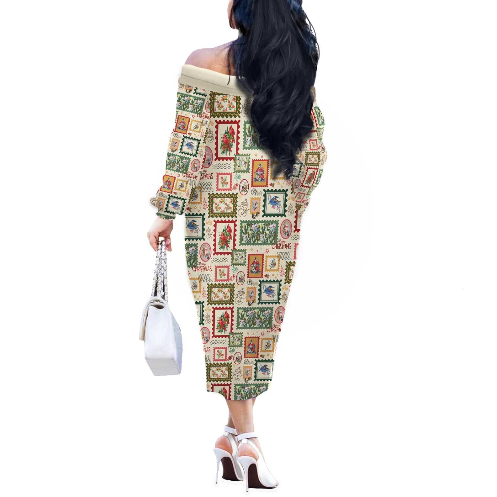 Aussie Birds Christmas La La Land Off The Shoulder Long Sleeve Dress Beige Vintage Stamp Edition - Aussie Hoodie
