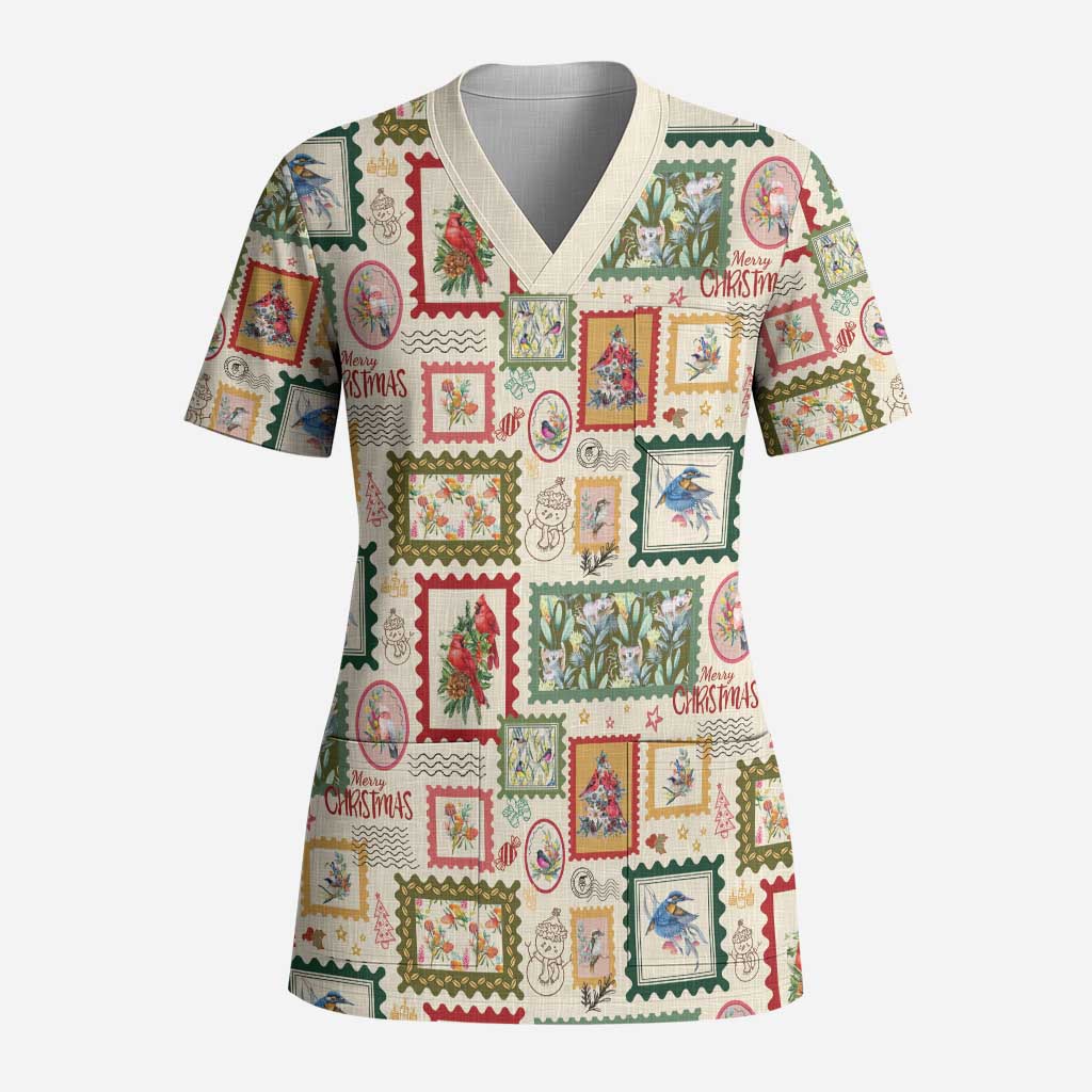 Aussie Birds Christmas La La Land Scrub Top Beige Vintage Stamp Edition - Aussie Hoodie