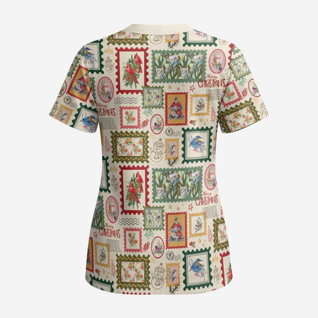 Aussie Birds Christmas La La Land Scrub Top Beige Vintage Stamp Edition - Aussie Hoodie