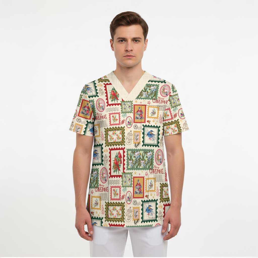 Aussie Birds Christmas La La Land Scrub Top Beige Vintage Stamp Edition - Aussie Hoodie