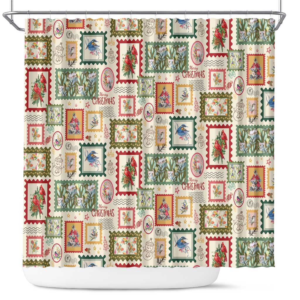 Aussie Birds Christmas La La Land Shower Curtain Beige Vintage Stamp Edition - Aussie Hoodie