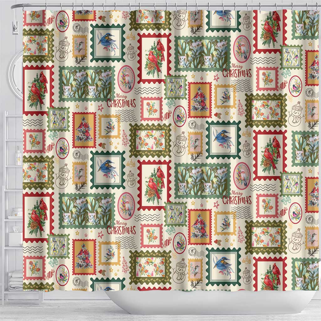 Aussie Birds Christmas La La Land Shower Curtain Beige Vintage Stamp Edition - Aussie Hoodie