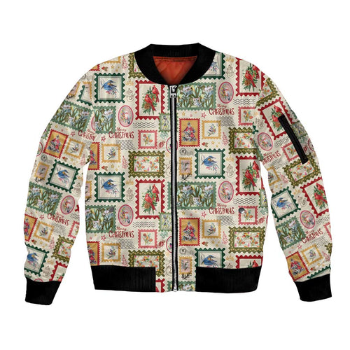 Aussie Birds Christmas La La Land Sleeve Zip Bomber Jacket Beige Vintage Stamp Edition - Aussie Hoodie