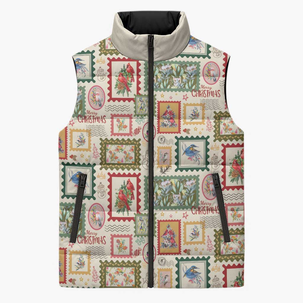 Aussie Birds Christmas La La Land Sleeveless Puffer Jacket Beige Vintage Stamp Edition - Aussie Hoodie
