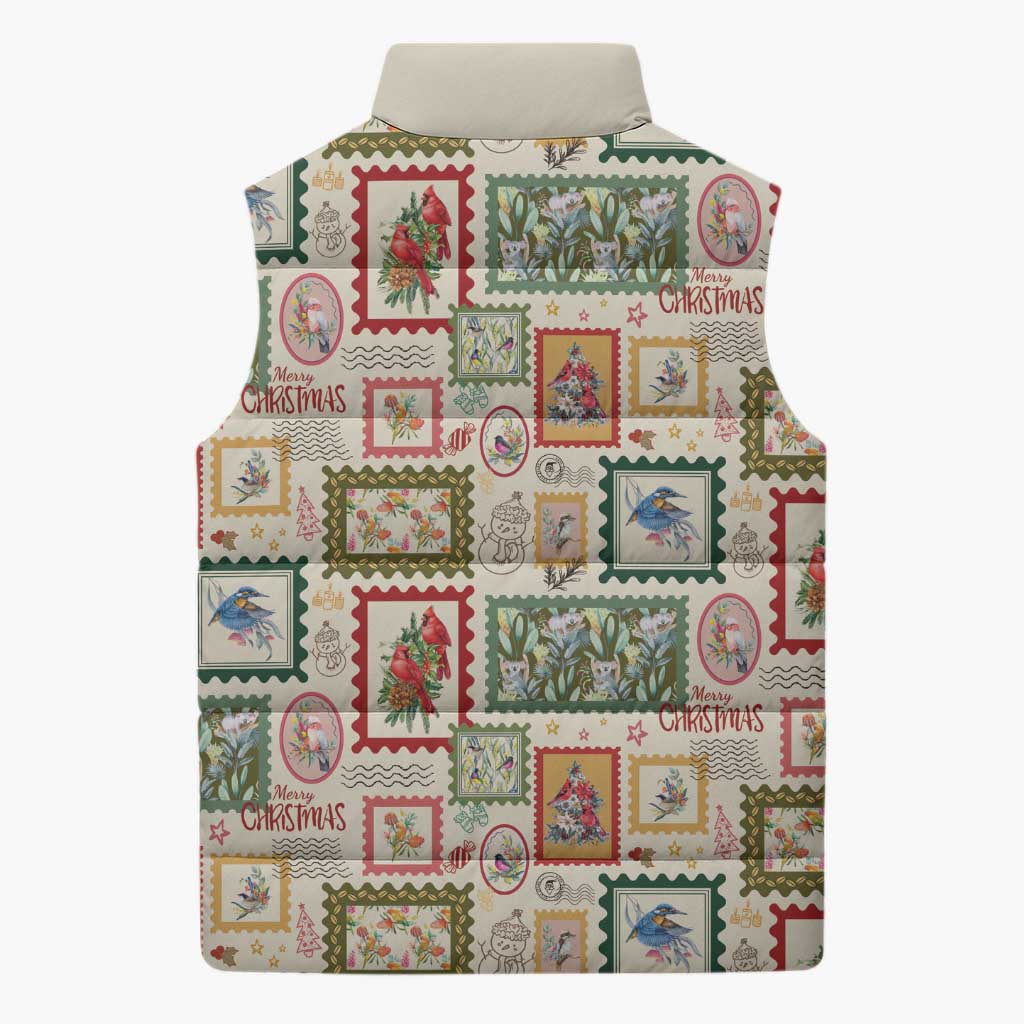Aussie Birds Christmas La La Land Sleeveless Puffer Jacket Beige Vintage Stamp Edition - Aussie Hoodie