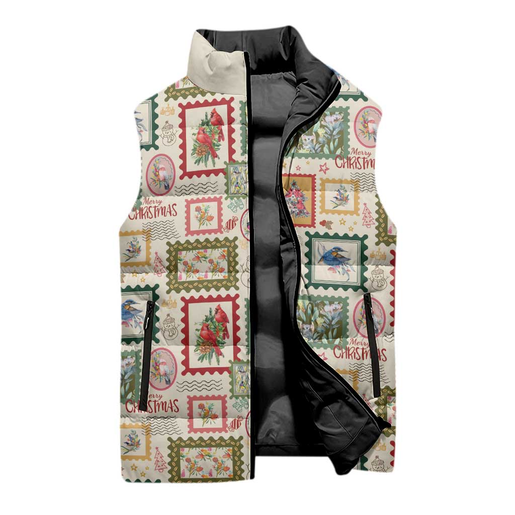 Aussie Birds Christmas La La Land Sleeveless Puffer Jacket Beige Vintage Stamp Edition - Aussie Hoodie