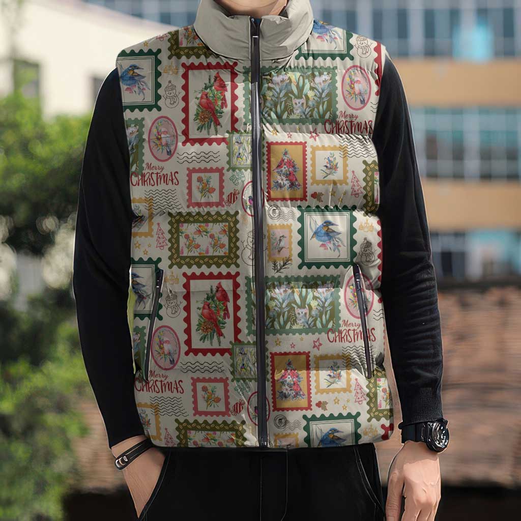 Aussie Birds Christmas La La Land Sleeveless Puffer Jacket Beige Vintage Stamp Edition - Aussie Hoodie