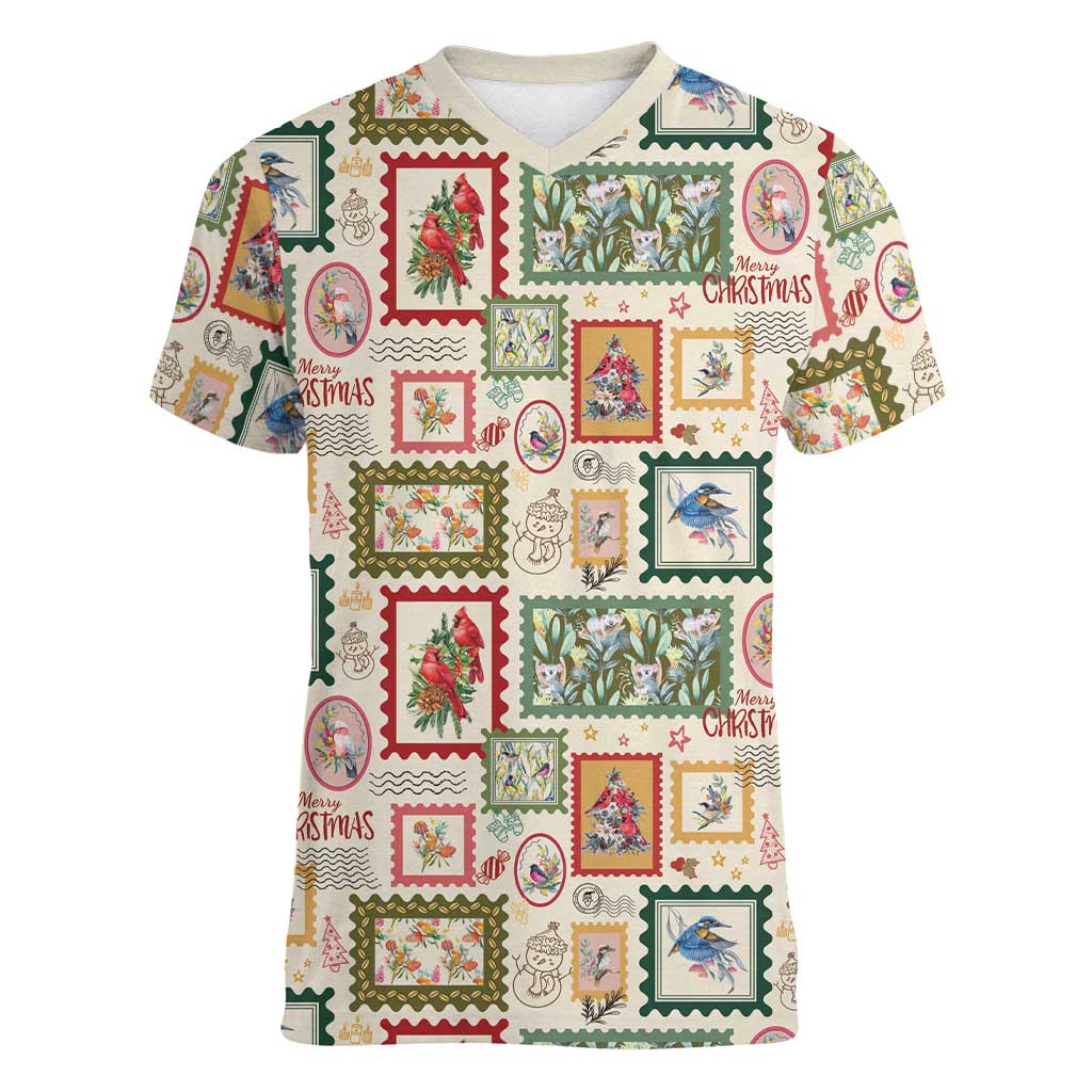 Aussie Birds Christmas La La Land Women V-Neck T-Shirt Beige Vintage Stamp Edition - Aussie Hoodie