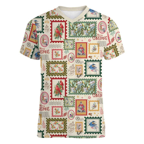 Aussie Birds Christmas La La Land Women V-Neck T-Shirt Beige Vintage Stamp Edition - Aussie Hoodie