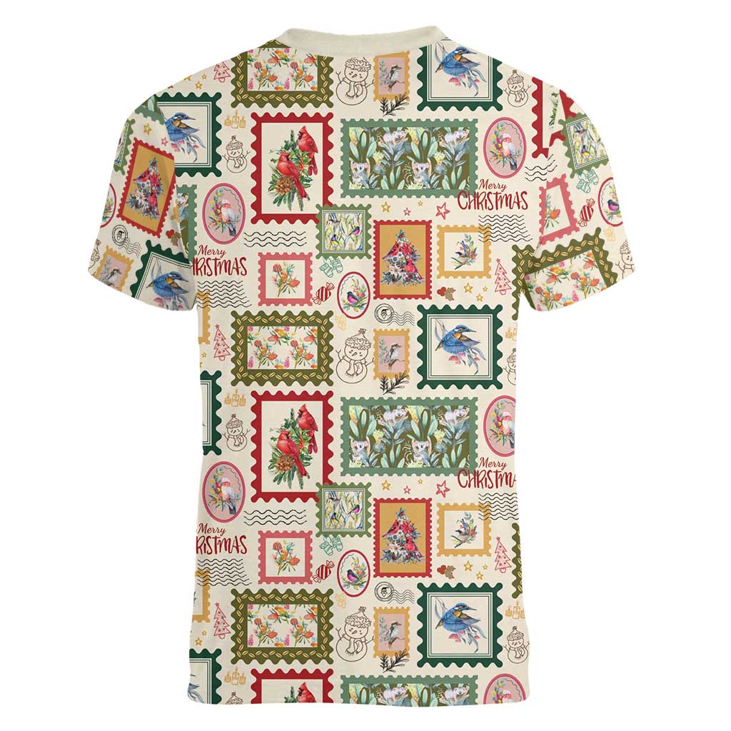 Aussie Birds Christmas La La Land Women V-Neck T-Shirt Beige Vintage Stamp Edition - Aussie Hoodie
