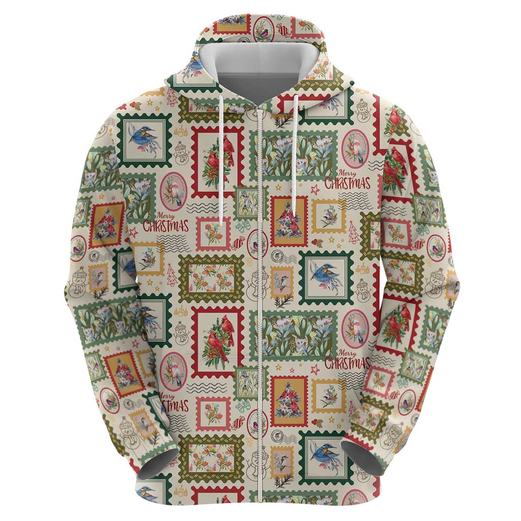 Aussie Birds Christmas La La Land Zip Hoodie Beige Vintage Stamp Edition - Aussie Hoodie