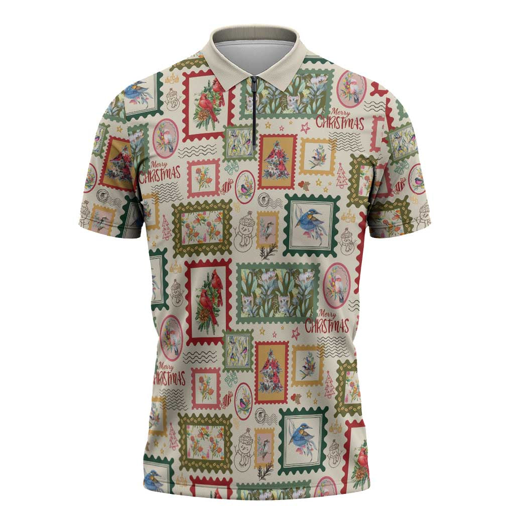 Aussie Birds Christmas La La Land Zipper Polo Shirt Beige Vintage Stamp Edition - Aussie Hoodie