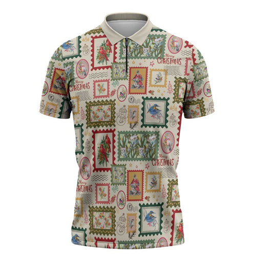Aussie Birds Christmas La La Land Zipper Polo Shirt Beige Vintage Stamp Edition - Aussie Hoodie
