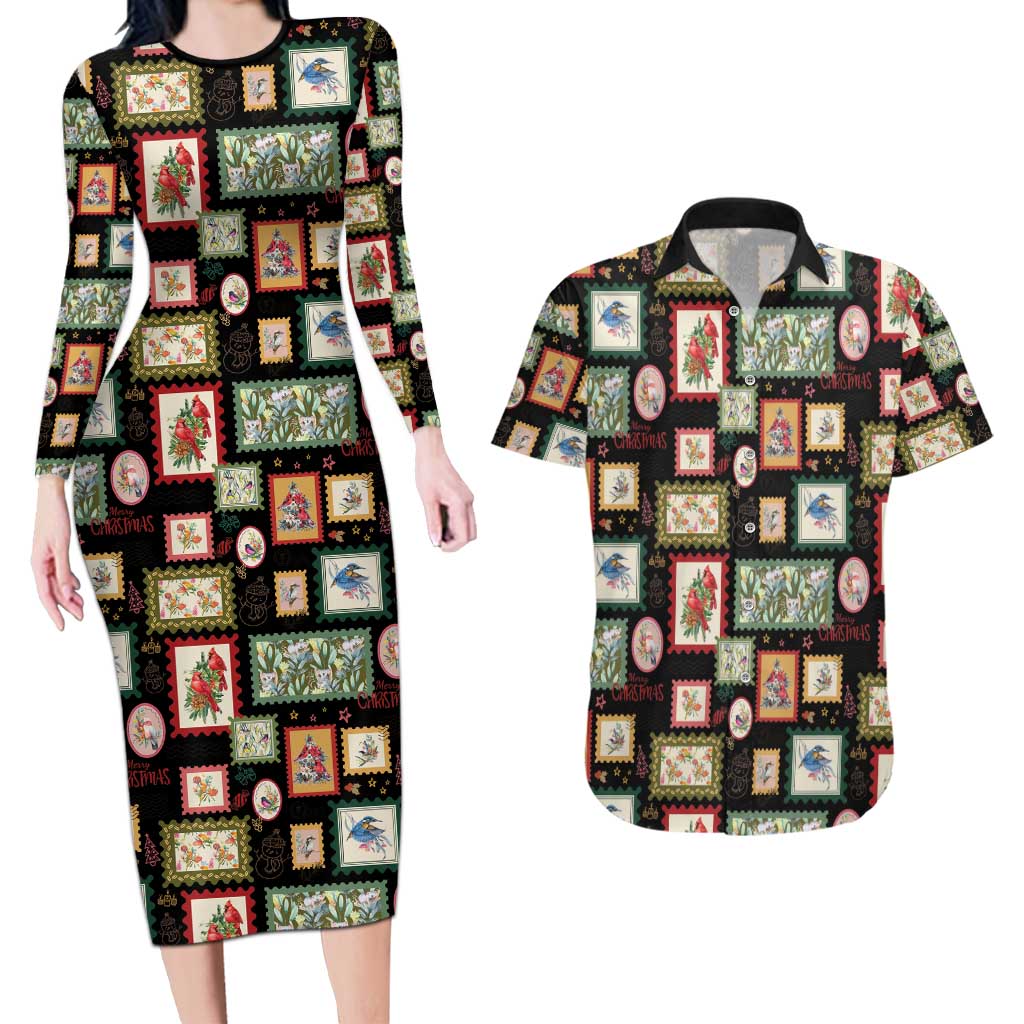 Aussie Birds Christmas La La Land Couples Matching Long Sleeve Bodycon Dress and Hawaiian Shirt Black Vintage Stamp Edition - Aussie Hoodie