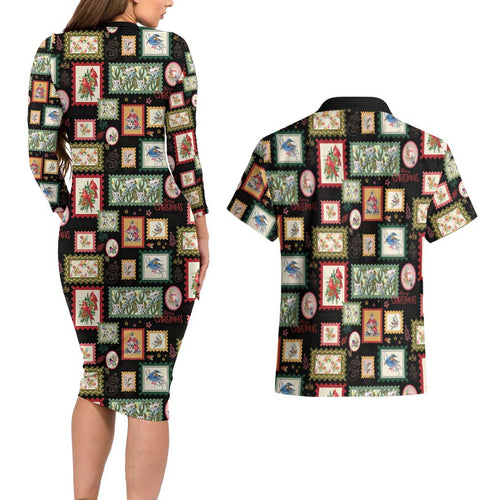 Aussie Birds Christmas La La Land Couples Matching Long Sleeve Bodycon Dress and Hawaiian Shirt Black Vintage Stamp Edition - Aussie Hoodie