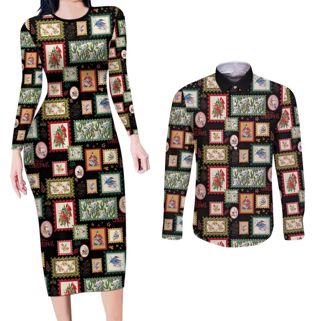 Aussie Birds Christmas La La Land Couples Matching Long Sleeve Bodycon Dress and Long Sleeve Button Shirt Black Vintage Stamp Edition - Aussie Hoodie