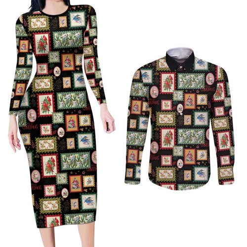 Aussie Birds Christmas La La Land Couples Matching Long Sleeve Bodycon Dress and Long Sleeve Button Shirt Black Vintage Stamp Edition - Aussie Hoodie
