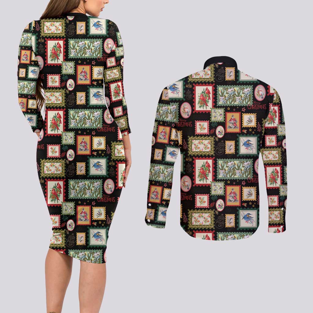 Aussie Birds Christmas La La Land Couples Matching Long Sleeve Bodycon Dress and Long Sleeve Button Shirt Black Vintage Stamp Edition - Aussie Hoodie