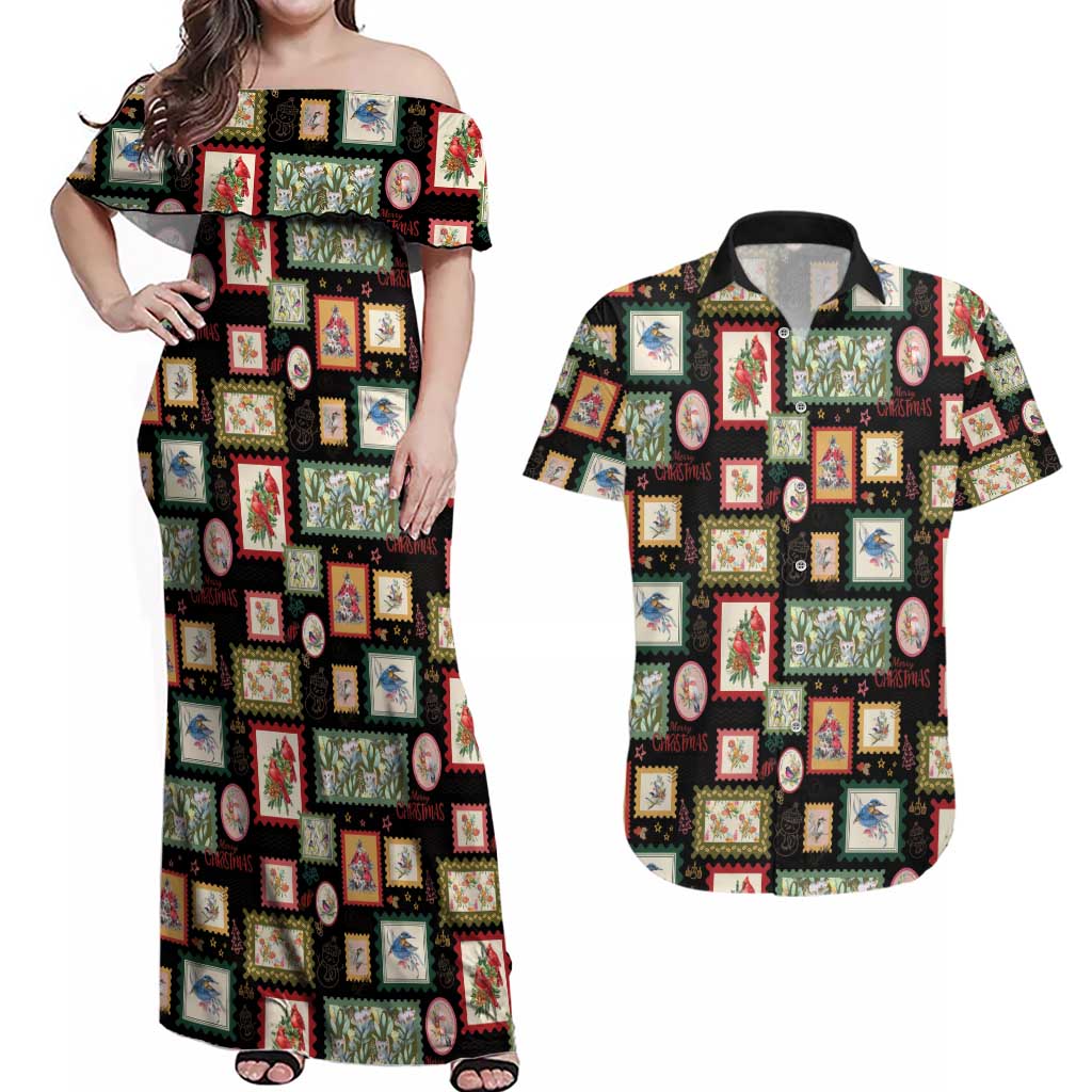 Aussie Birds Christmas La La Land Couples Matching Off Shoulder Maxi Dress and Hawaiian Shirt Black Vintage Stamp Edition - Aussie Hoodie