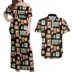 Aussie Birds Christmas La La Land Couples Matching Off Shoulder Maxi Dress and Hawaiian Shirt Black Vintage Stamp Edition - Aussie Hoodie