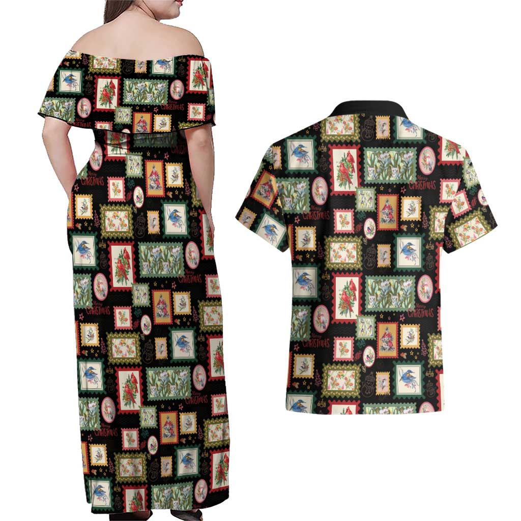 Aussie Birds Christmas La La Land Couples Matching Off Shoulder Maxi Dress and Hawaiian Shirt Black Vintage Stamp Edition - Aussie Hoodie