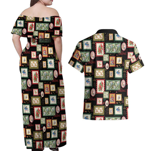 Aussie Birds Christmas La La Land Couples Matching Off Shoulder Maxi Dress and Hawaiian Shirt Black Vintage Stamp Edition - Aussie Hoodie