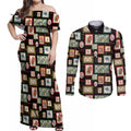 Aussie Birds Christmas La La Land Couples Matching Off Shoulder Maxi Dress and Long Sleeve Button Shirt Black Vintage Stamp Edition - Aussie Hoodie