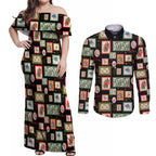 Aussie Birds Christmas La La Land Couples Matching Off Shoulder Maxi Dress and Long Sleeve Button Shirt Black Vintage Stamp Edition - Aussie Hoodie