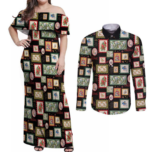 Aussie Birds Christmas La La Land Couples Matching Off Shoulder Maxi Dress and Long Sleeve Button Shirt Black Vintage Stamp Edition - Aussie Hoodie